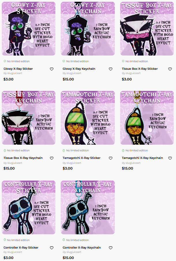 A screenshot of my ACGGoods page showing eight pieces of Roadkill merchandise of TB, Tama, Glowy, and Controller.