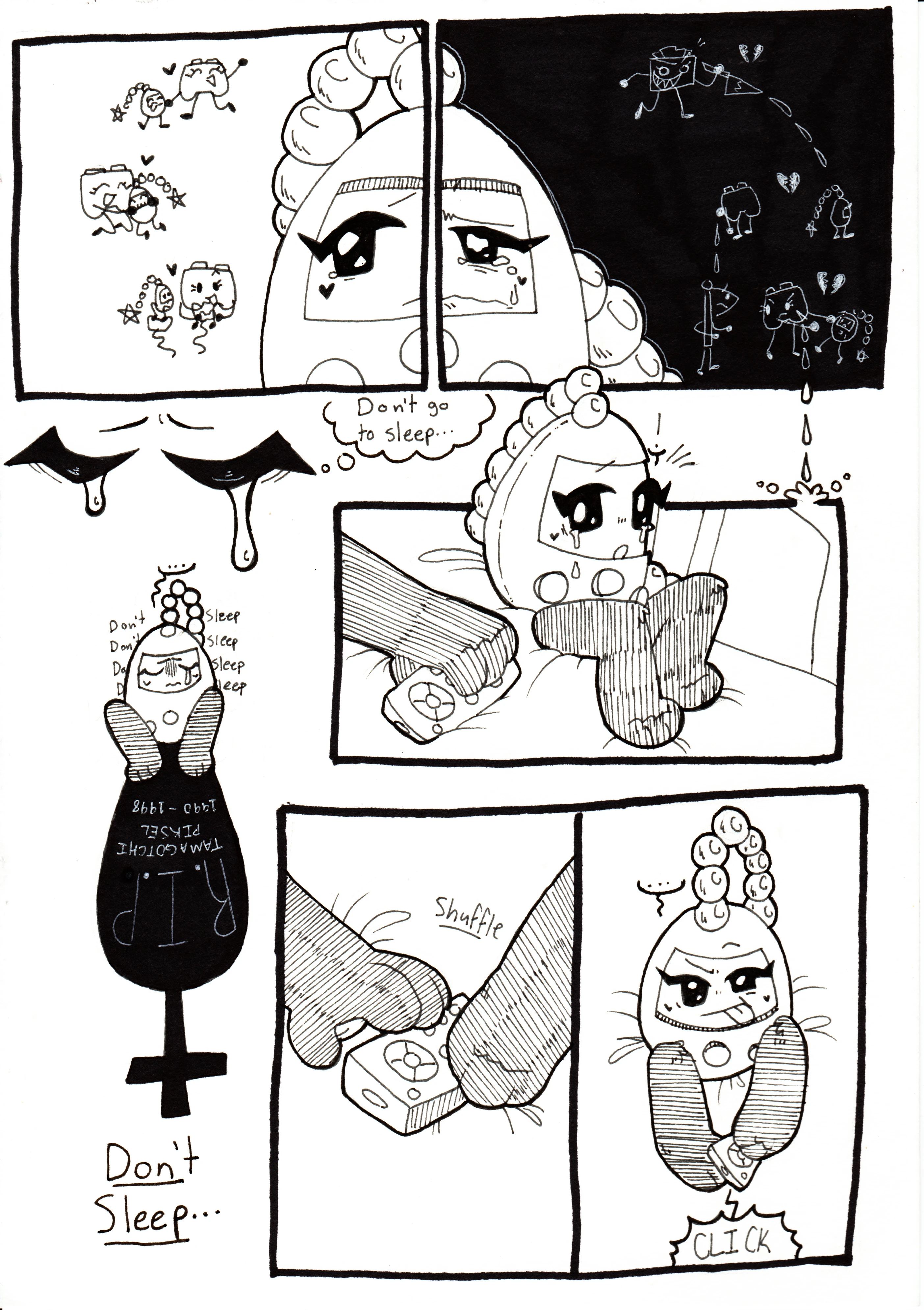 Page 79. Panel one, Tama sadly begins to think about all thegood times she's had with Controller - Dancing, hugging, playing video games together. Panel two, tears fall down her cheeks as she recounts her recent trauma - TB's attack, Controller being injured, and being pulled away from Flaggy. Panel three, she closes her eyes, tears growing larger, and thinks to herself, 'Don't go to sleep.' Panel four, she imagines her own death as the words, 'don't sleep' silently repeat in her mind. Panel five, Tama suddenly snaps out of her thoughts when she notices that Controller is still holding the TV remote. Panel six, Tama shuffles to grab the remote with her foot. Panel seven, Tama struggles to use the remote with her feet, but is able to turn the TV back on with a click.