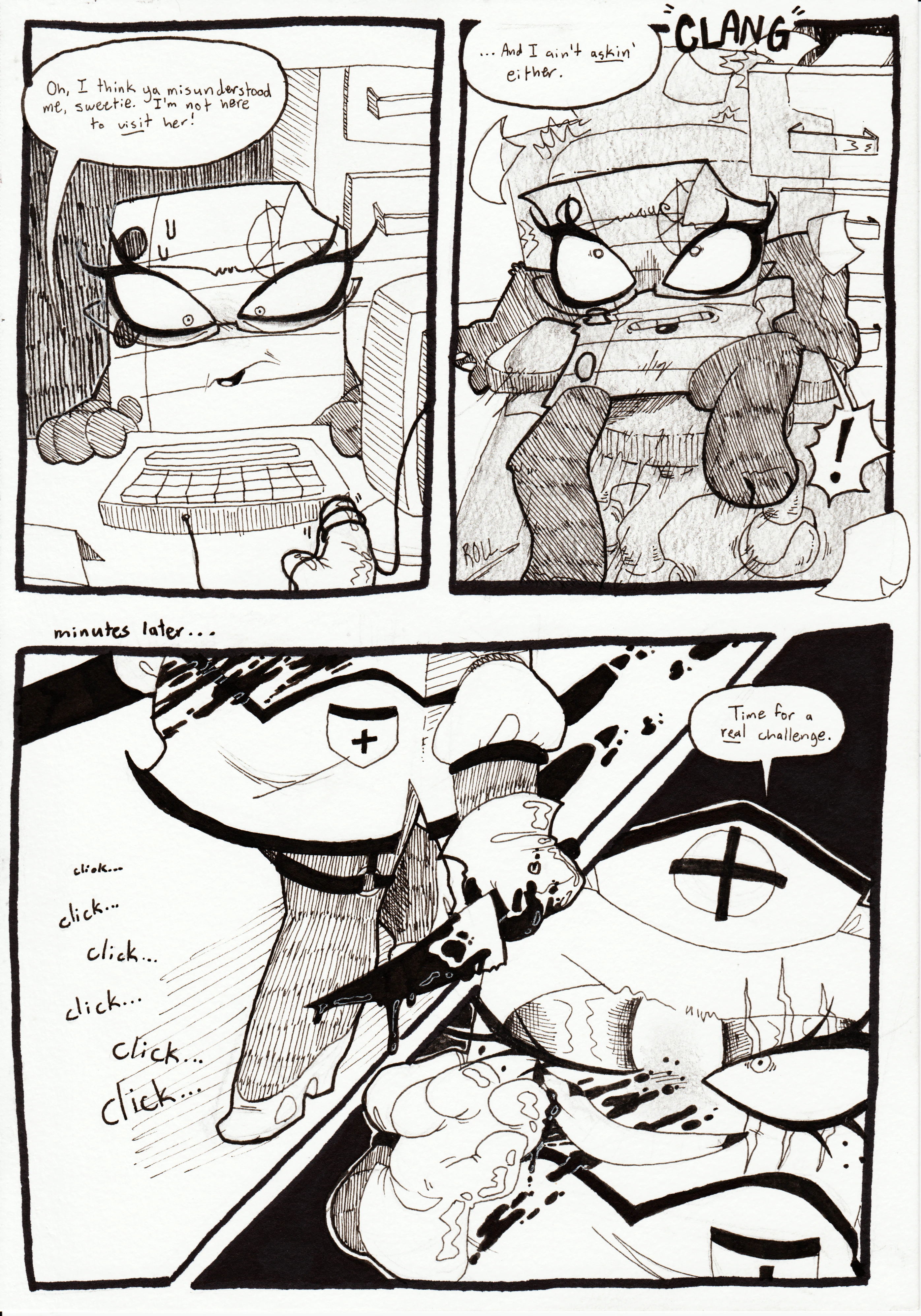 Page 82. Testy grabs the edge of her desk as the unseen object, who appears to be wearing rubber gloves, starts fiddling with the wire to her computer. She's sweating, looking a mixture of confused and worried, as the unseen object says, 'Oh, I think ya misunderstood me, sweetie. I'm not here to visit her!' Panel two, Testy now seems to be terrified and swings back in her office chair, colliding with the filing cabinet behind her, making a loud clang and causing papers to start flying around her. The shadow of the unseen object looms over her and says, 'And I ain't askin', either.' Panel three, minutes later, the object - Who is now clearly wearing a sexualized nurse costume and holding a bloody knife - starts walking down the hospital hallway, leaving a trail of bloody footprints behind her, her heels clicking against the tile. Panel four, the object is revealed to be Tissue Box. She grins, starting up towards the camera, wiping fresh blood off of her face with a wink. She says, 'Time for a real challenge.'