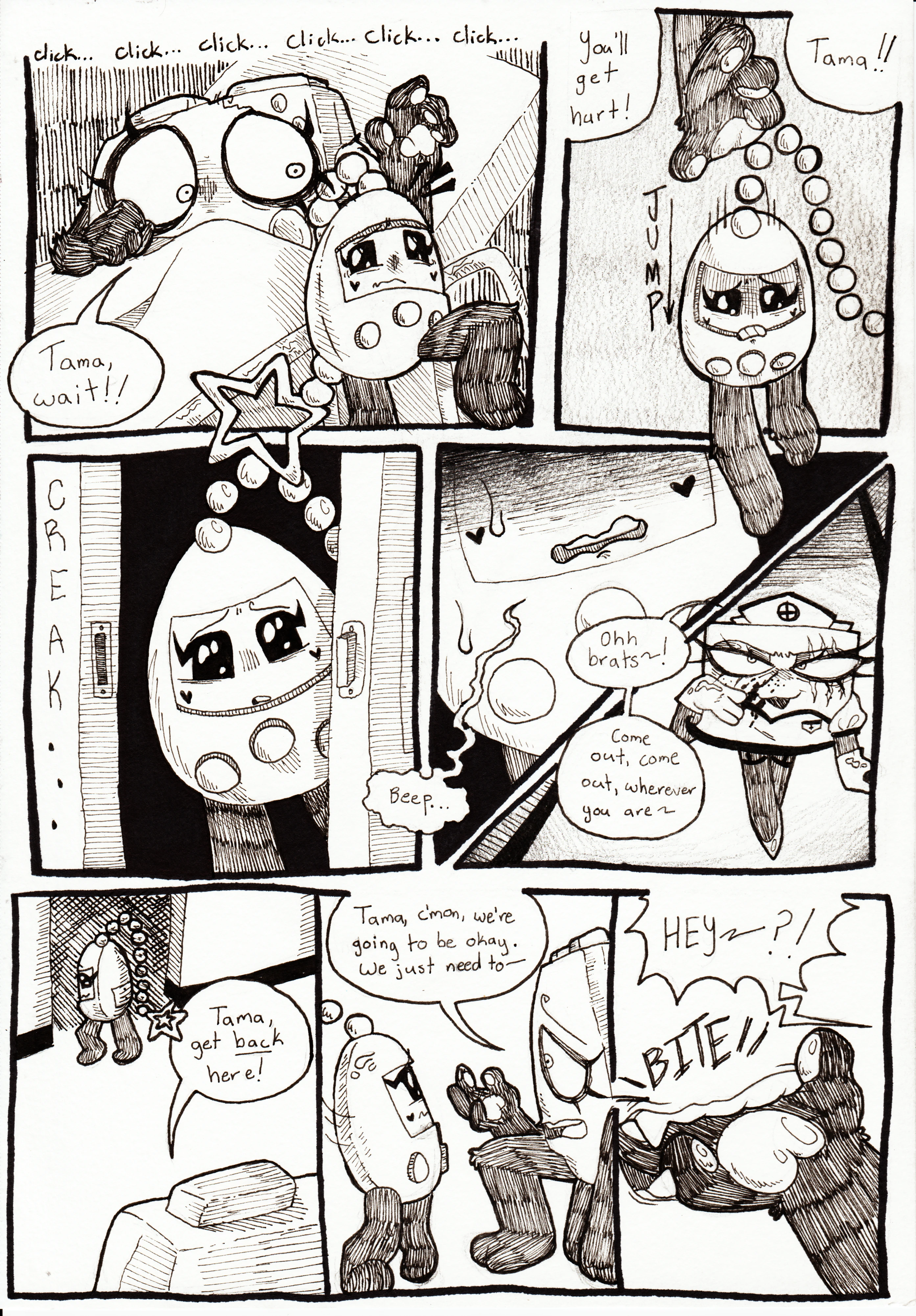 Page 83. Panel one, Back in the hospital room, Controller reaches for Tama with a terrified look in her eyes, as Tama worriedly begins climbing off the bed, hearing the clicking  heels in the hallway. Controller says, 'Tama, wait!!' Panel two, Controller continues, 'You'll get hurt! Tama!!' as Tama jumps down. Panel three, Tama opens the door with a creak and looks outside. Panel four, Tama shakily beeps and begins to sweat, shadow cloaking her face, as she sees what's out there. Panel five, we now see Tama's perspective, with Tissue Box trotting down the hallway. She says, 'Ohh brats~! Come out, come out, wherever you are~!' Panel six, Tama turns around to see Controller, who demands, 'Tama, get back here!' Panel seven, Controller kneels to Tama's level and Tama turns to face her. Controller calmly says, 'Tama, c'mon, we're going to be okay. We just need to-' Panel eight, Controller screams 'Hey?!' as Tama bites down on her hand.
