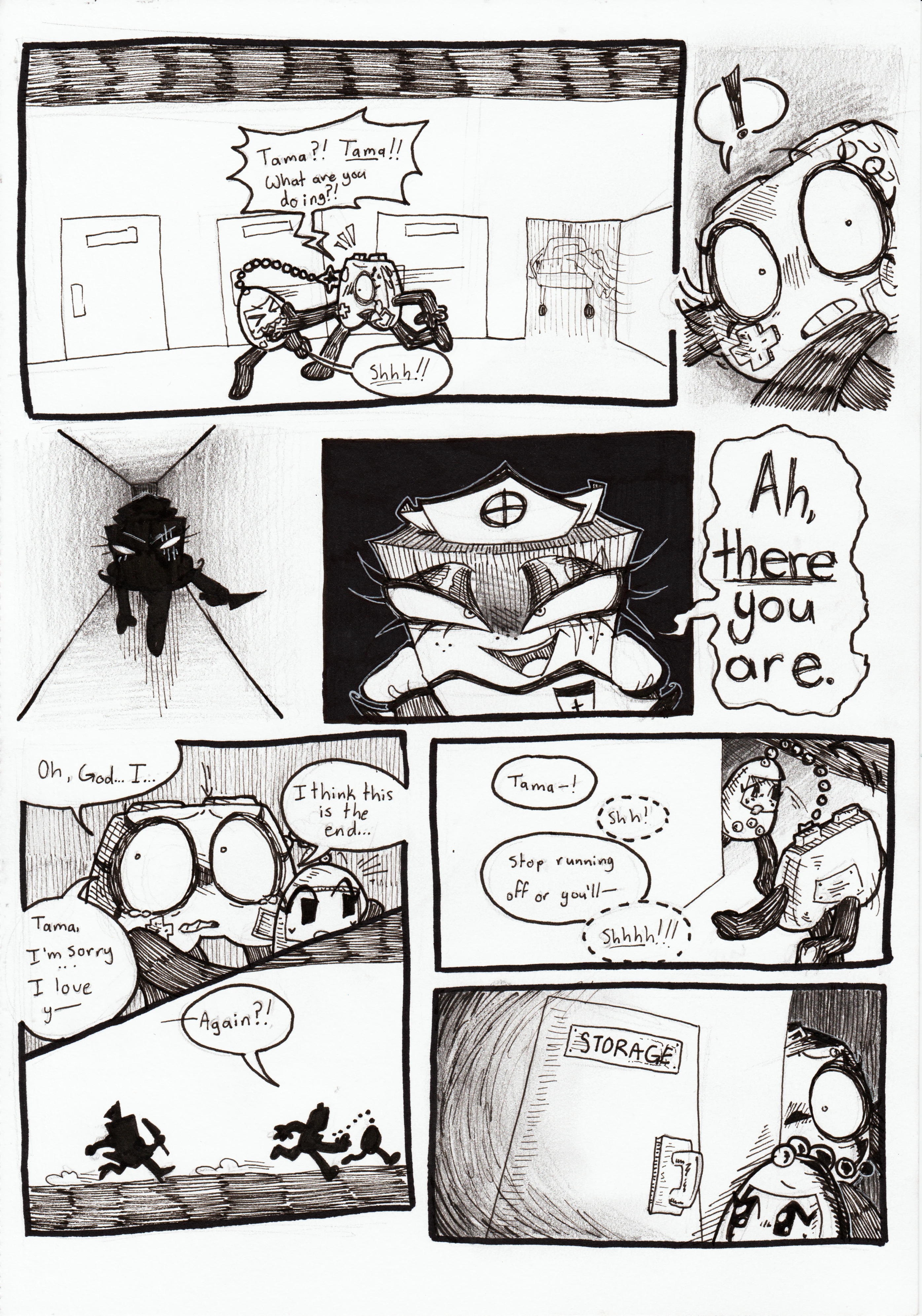 Page 84. Panel one, Tama, still biting down on Controller's hand, swings the door open and begins running, dragging Controller down the hallway. Controller shouts, 'Tama?! Tama!! What are you doing?!' Tama shushes her. Panel two, Controller turns around in shock and finally sees who's behind them. Panel three, TB is seen strutting towards them in complete shadow. Panel four, Controller finally spots them, her face now clean of blood, saying ominously, 'Ah, there you are.' Panel five, Controller crouches to hug Tama, crying, and says, 'Oh God... I... I think this is the end... Tama, I'm sorry... I love y-' She's cut off because Tama spots something. Panel six, Tama runs off and Controller chases after her with TB trailing behind them. Controller shouts, 'Again?!' Panel seven, Tama and Controller turn a corner. Controller says, 'Tama-!' and gets shushed. She continues, 'Stop running off or you'll-' She gets shushed again, this time more harshly. Panel eight, the girls see the door to a storage closet around the corner of the hall.