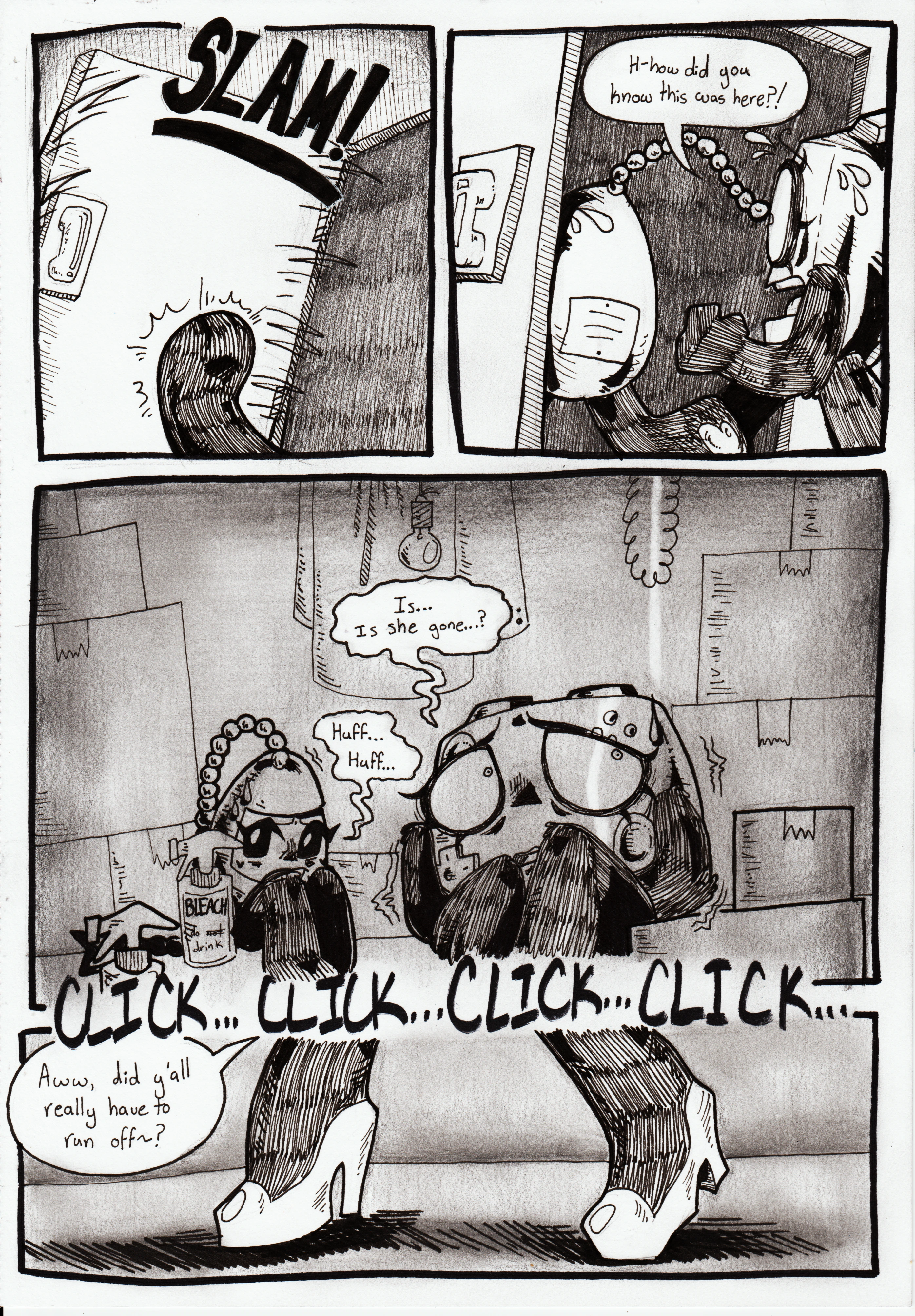 Page 85. Panel one, Tama kicks open the door with a loud slam. Panel two, the sisters run inside, Controller asking, 'H-how did you know this was here?!' Panel three, the two crouch inside the dark storage closet, surrounded by boxes and cleaning sprays. Tama huffs, and Controller asks, 'Is... Is she gone...?' Clicking can be heard outside. Panel four, TB walks by, asking teasingly, 'Aww, did y'all really have to run off~?'