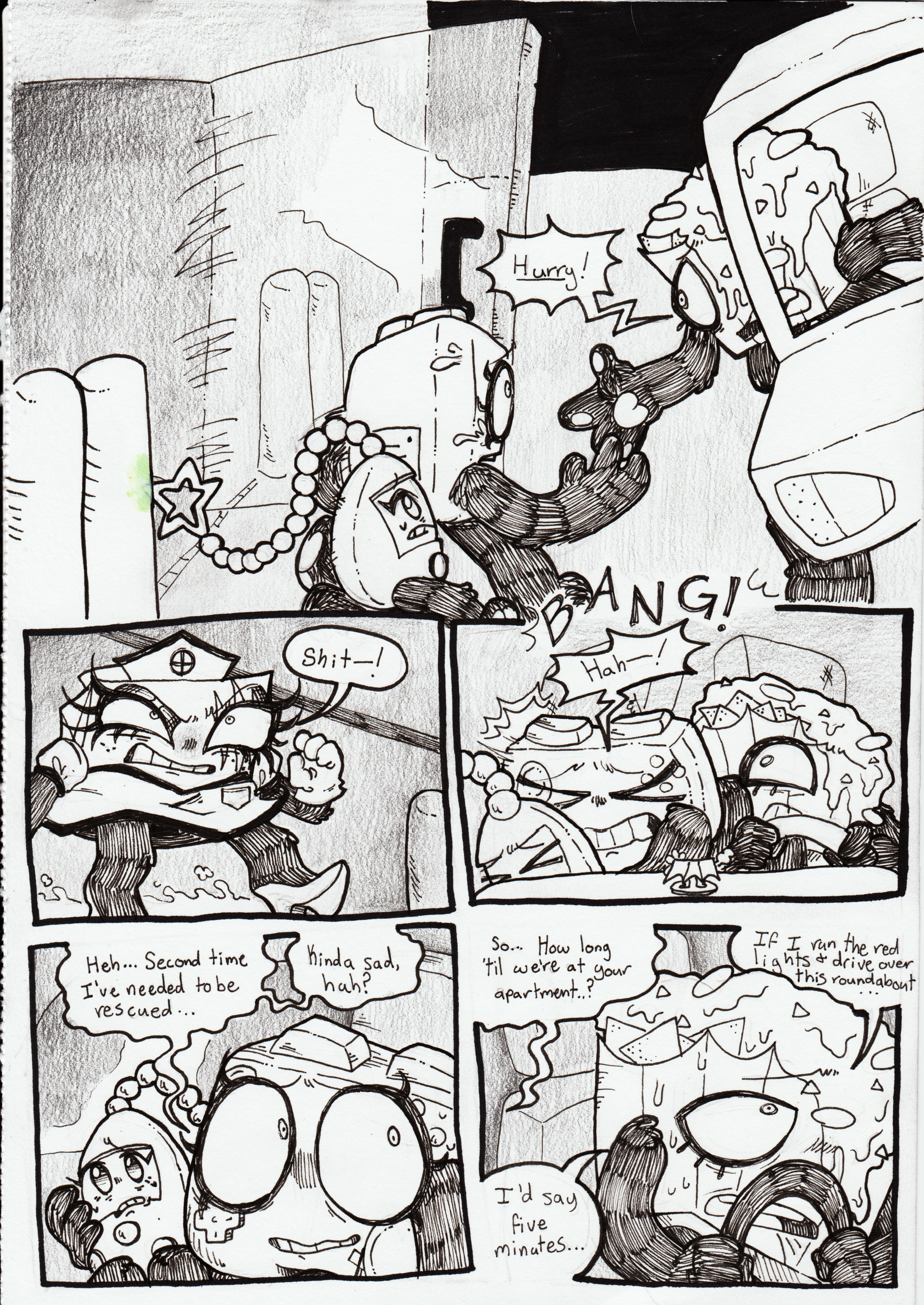 Page 91. Panel one, the sisters successfully run out of the hospital entrance, Nachos leaning out of the passenger side door shouting, 'Hurry!' as Controller reaches out to grab his hand. Panel two, TB stops in her tracks, visibly irritated, and says 'Shit-!' Panel three, the sisters cram themselves into Nachos' van, making a loud banging noise as they enter the vehicle. The three of them are all visibly shaken. Panel four, Tama sits in Controller's lap. Controller faces Nachos and says, 'Heh... Second time I've needed to be rescued... Kinda sad, huh?' Panel five, the camera pans back to Nachos, who's now driving away. Controller continues, 'So... How long 'til we're at your apartment..?' Nachos replies, 'If I run the red lights and drive over this roundabout... I'd say five minutes...'