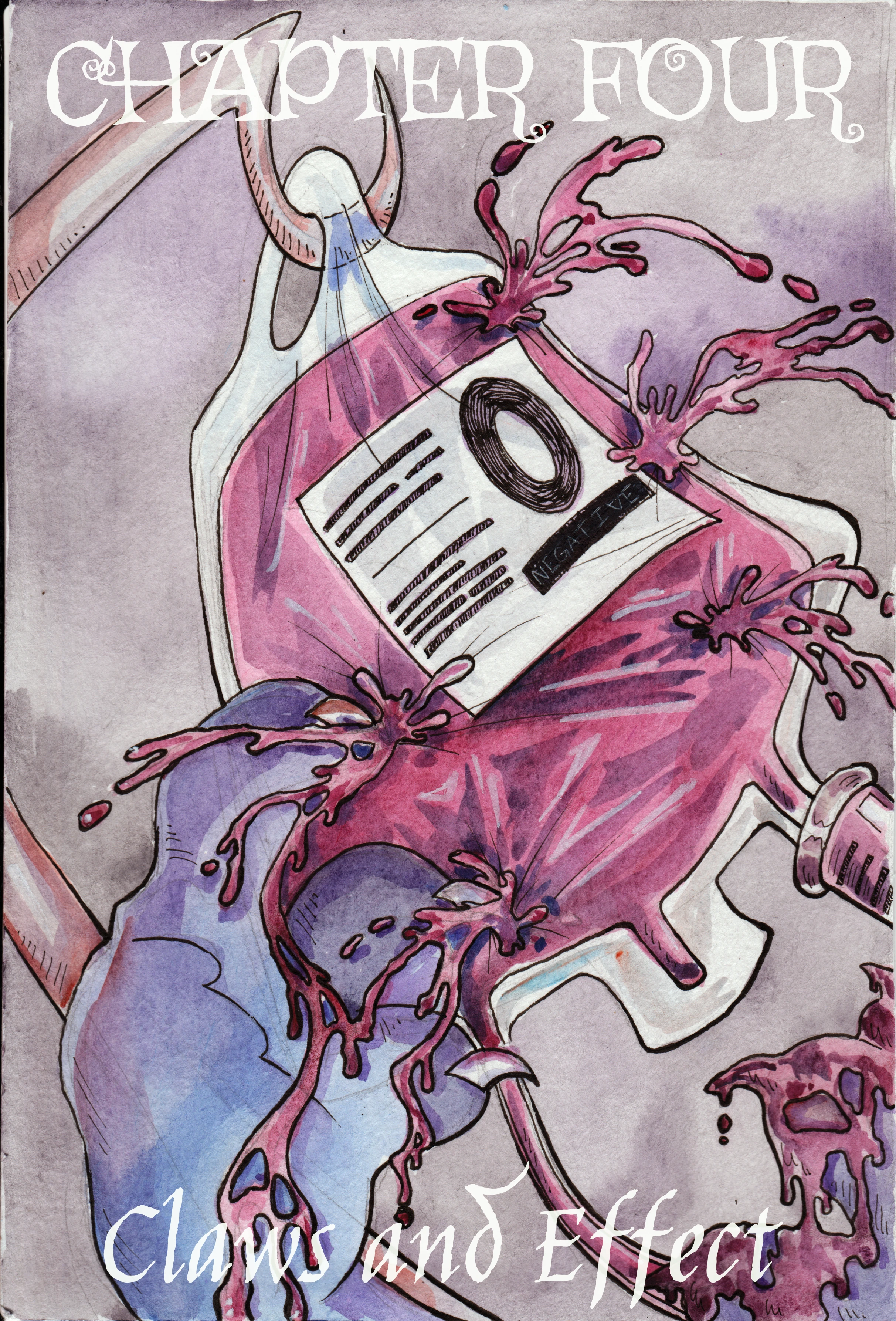 Chapter 4: Claws and Effect. The cover centers a Type O Negative blood bag, with Controller's paws reaching up and gripping it. Her claws puncture the bag, causing blood to spill everywhere.